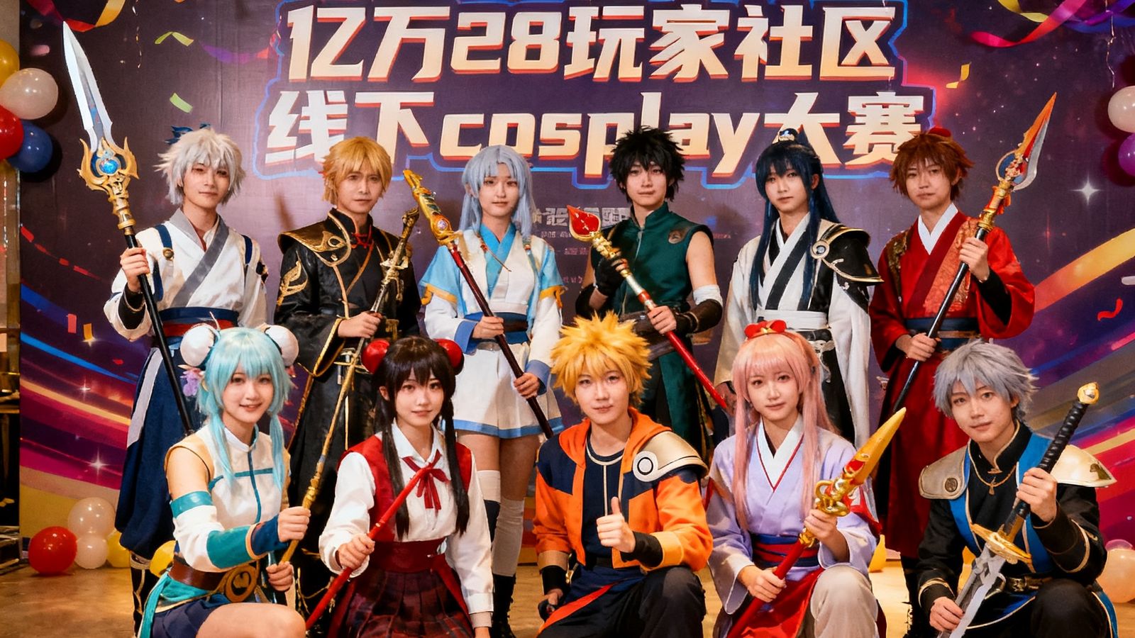 亿万28玩家社区线下cosplay大赛,角色扮演者合影